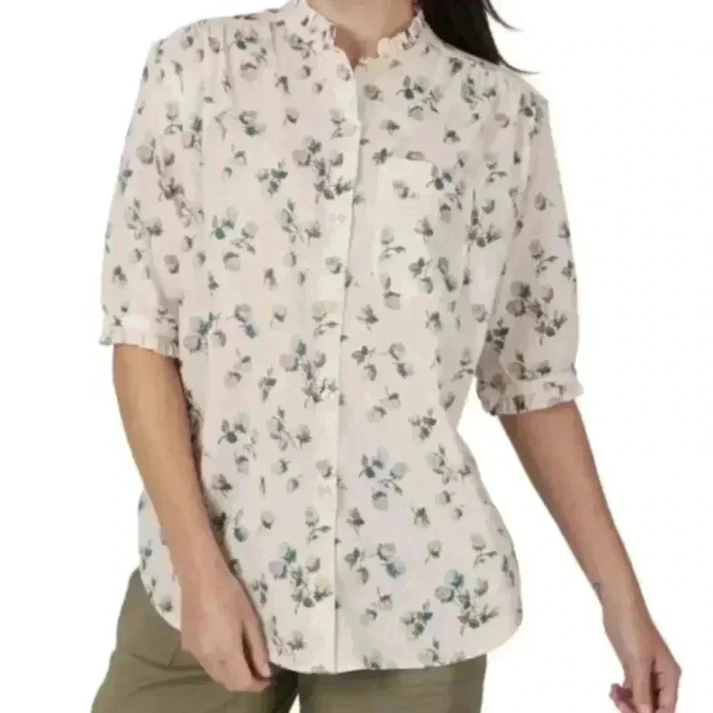 Lee short sleeve floral pink top with ruffled neck size Large